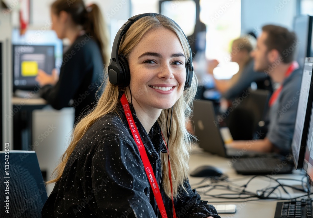 Poster young woman smiling while working at computer in modern office setting