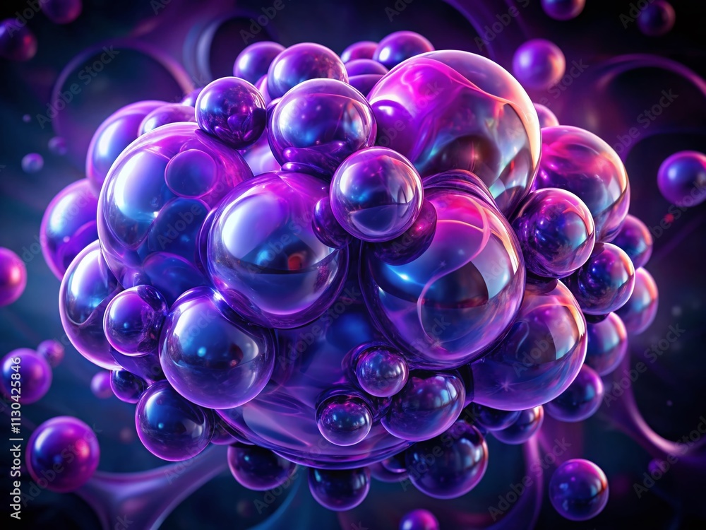 Poster Stunning Panoramic View of Morphing Purple Abstract Blob Shapes with Cell-like Structures Against a Dark Background - Perfect for Modern Art and Science Themes