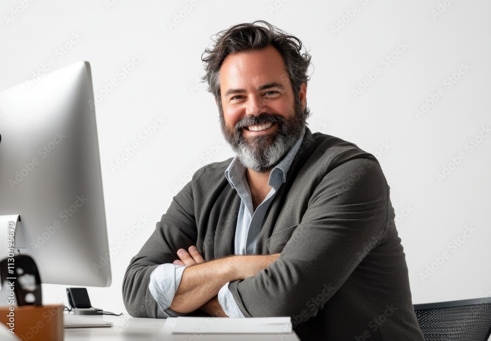 Aufkleber professional man with beard smiling at desk with computer