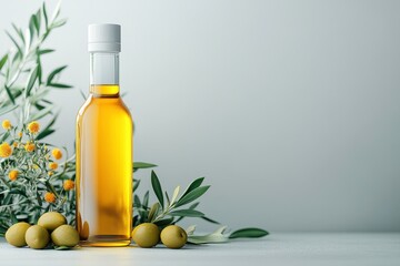Fresh Olive Oil Bottle With Olives and Greenery