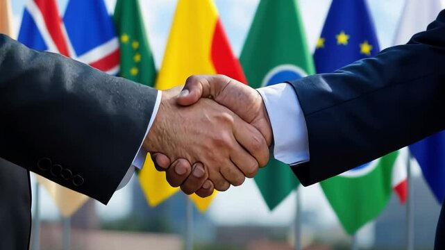 Member country relations in BRICS, handshake over national flags. 4k vdo