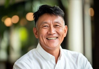 Joyful middle-aged man with confident smile in outdoor setting