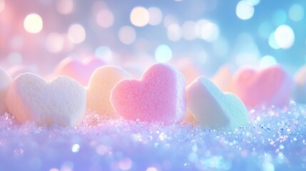 Fototapeta premium Colorful Heart-Shaped Candies on Sparkling Surface with Bokeh Lights