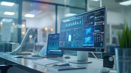 Fototapeta premium Modern cyber security data center with blue glowing screens and futuristic interface for technology and networks