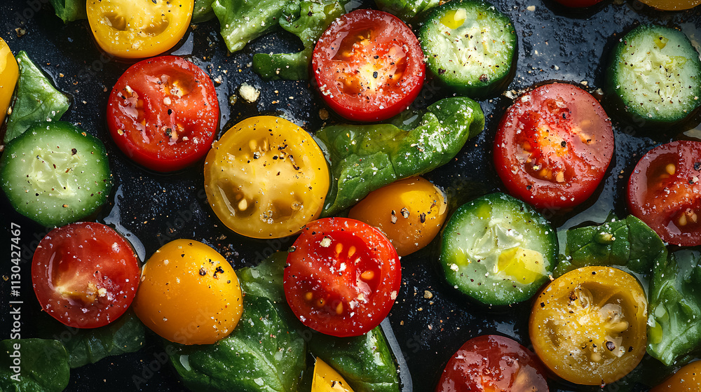 Poster colorful salad with fresh tomatoes and cucumbers prepared on a dark surface with herbs and spices du