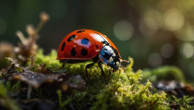 A Mesmerizing Close-Up of a Ladybug Resting Gracefully on a Mushroom in a Lush Forest, Illuminated