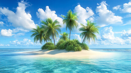 Fototapeta premium Tropical island surrounded by clear blue water and vibrant palm trees under a bright sky. Generative AI