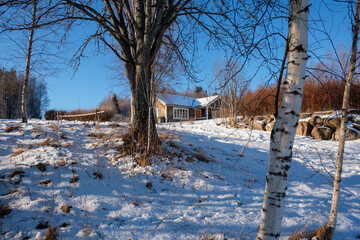 Snow-covered landscape in Västanvik, Dalarna, Sweden during winter