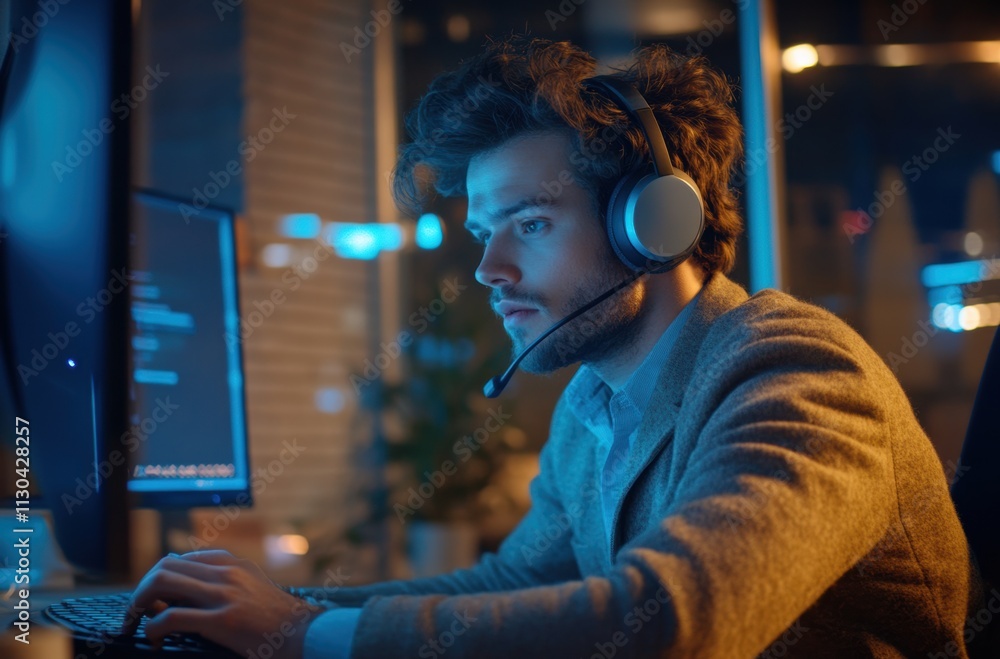Poster focused man in headset working at computer in dimly lit room