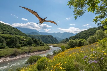 Fototapeta premium Stunning Tupandactylus in a Natural Setting with Dynamic Composition Emphasizing the Beauty of Prehistoric Life Amidst Lush Greenery and Vibrant Wildlife