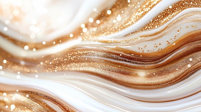 A luxurious abstract close-up of golden and white flowing textures with sparkling highlights, resembling molten gold or swirling patterns.