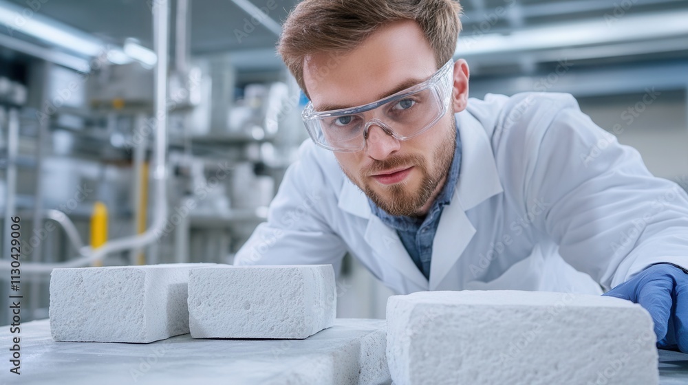 Poster a technician in a laboratory testing the strength of aerated concrete blocks