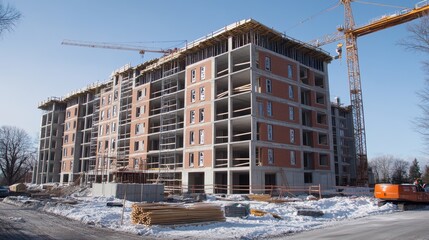 Fototapeta premium Modern residential building under construction with cranes in winter