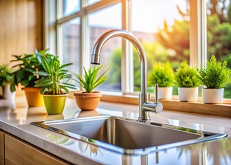 Fototapeta premium Stylish Modern Kitchen Sink with Chrome Faucet and Potted Plant in a Cozy Domestic Setting Captured with Tilt-Shift Photography for a Unique Perspective