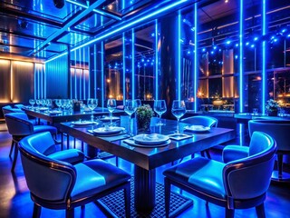 Fototapeta premium Stylish Restaurant Nightclub Table with Neon Blue Lights Showcasing Modern Design and Elegant Setup in a Vibrant Atmosphere Captured in 4K HDR Detail