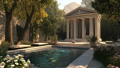 Obraz premium Serene Classical Architecture Beside Tranquil Garden Pool Landscape