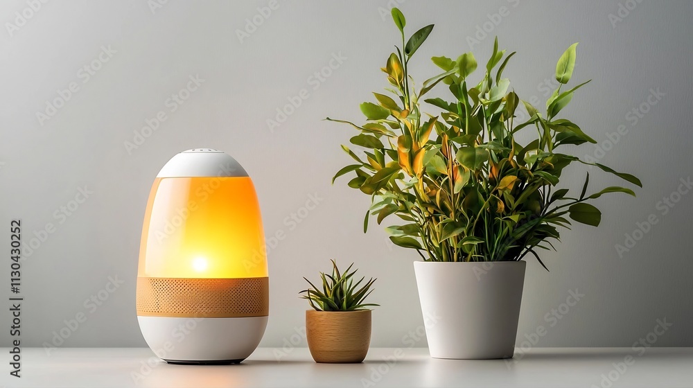 Poster calming and elegantly designed sleep aid device emitting soft soothing light and sounds placed on is