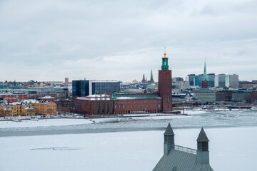 Winter landscape in Stockholm showcasing snow-covered cityscape and ice on water