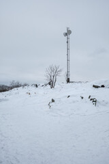 Snow-covered landscape with communication tower in winter Stockholm, Sweden