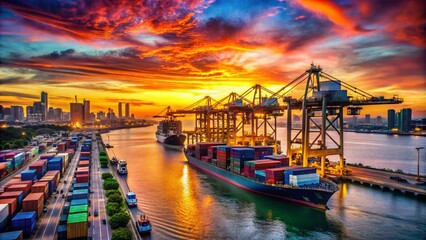 Fototapeta premium Sunset Over a Bustling Cargo Port with Cranes and Containers, Capturing the Vibrancy of Maritime Trade and Industrial Activity at Dusk