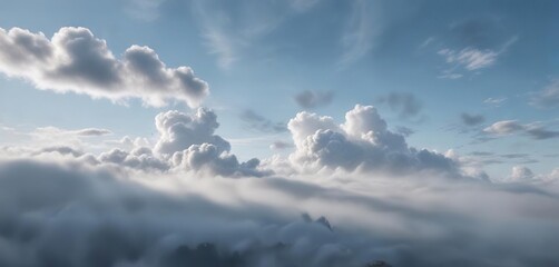 Foggy morning scene with misty white clouds and a greyish blue sky, serene environment, misty clouds