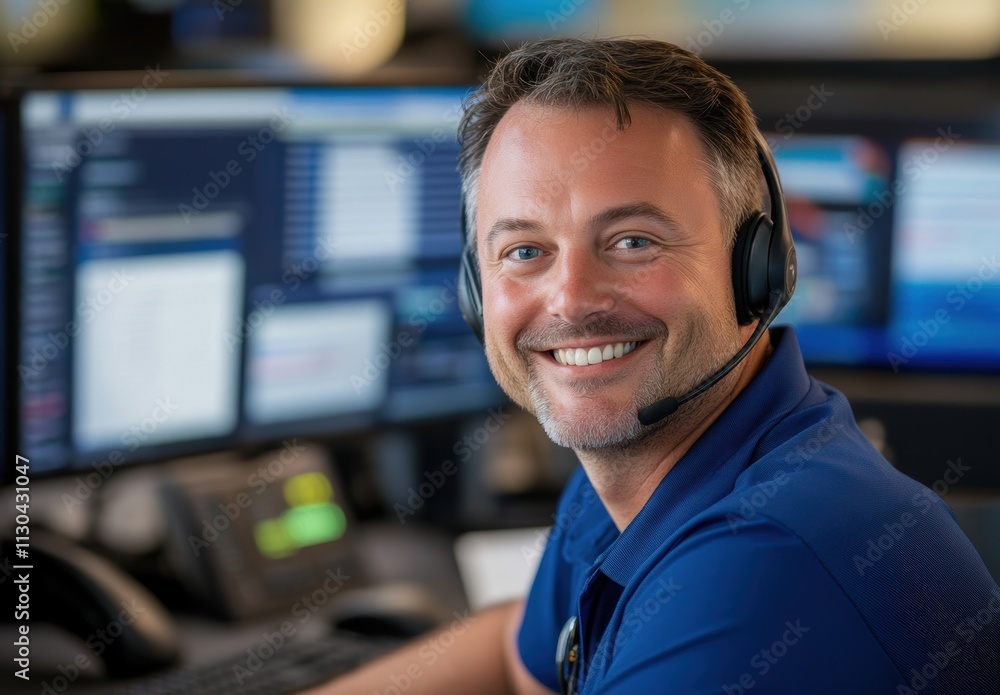 Poster smiling support agent assisting customers in modern office environment