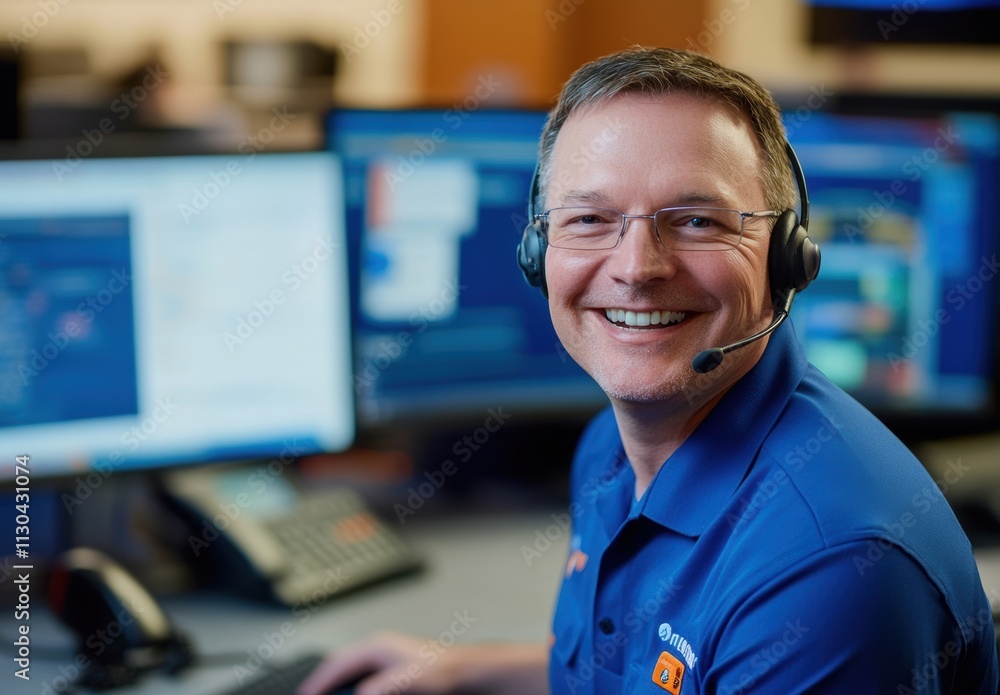Aufkleber friendly customer support agent with headset and computer screens