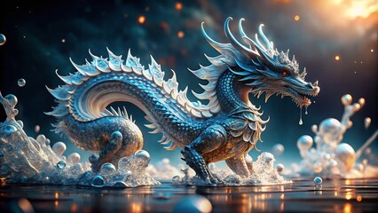 Obraz premium Surreal Art of a Delicate Water Dragon Crystal in a Dreamlike Landscape, Showcasing Intricate Details and Ethereal Colors, Perfect for Fantasy and Mythical Imagery