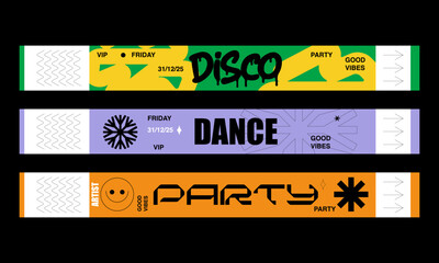 Control ticket bracelets for events, disco, festival, fan zone, party, staff. Vector mockup of a festival bracelet in a futuristic y2k style.