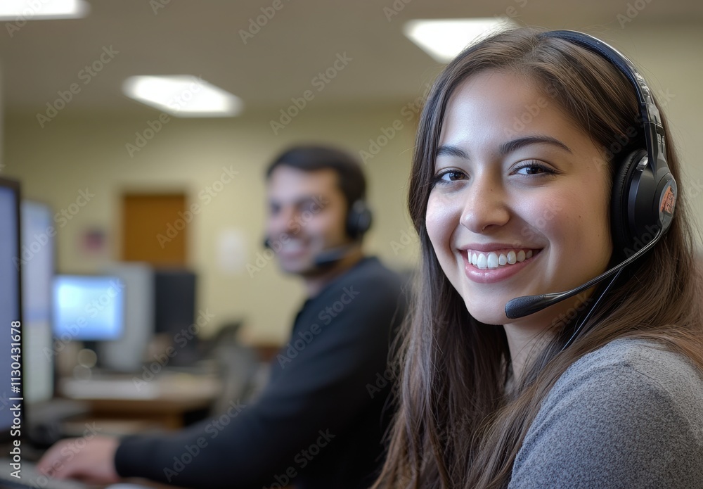 Aufkleber smiling customer service representative in a modern office setting