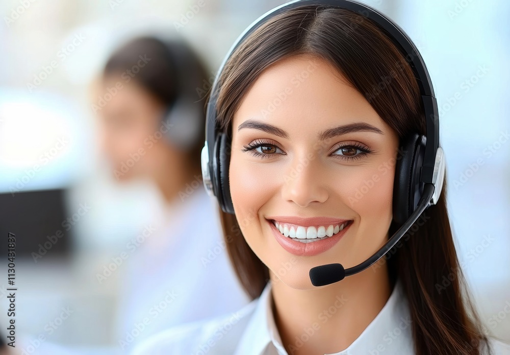 Poster smiling customer support agent wearing headset in office environment