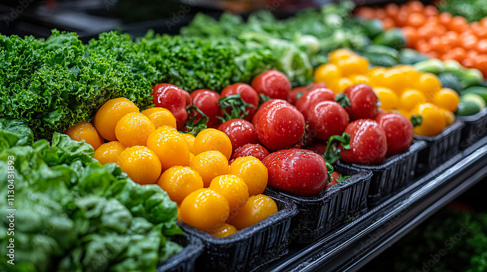 Poster fresh produce display showcasing colorful vegetables in a grocery store in daylight. generative ai