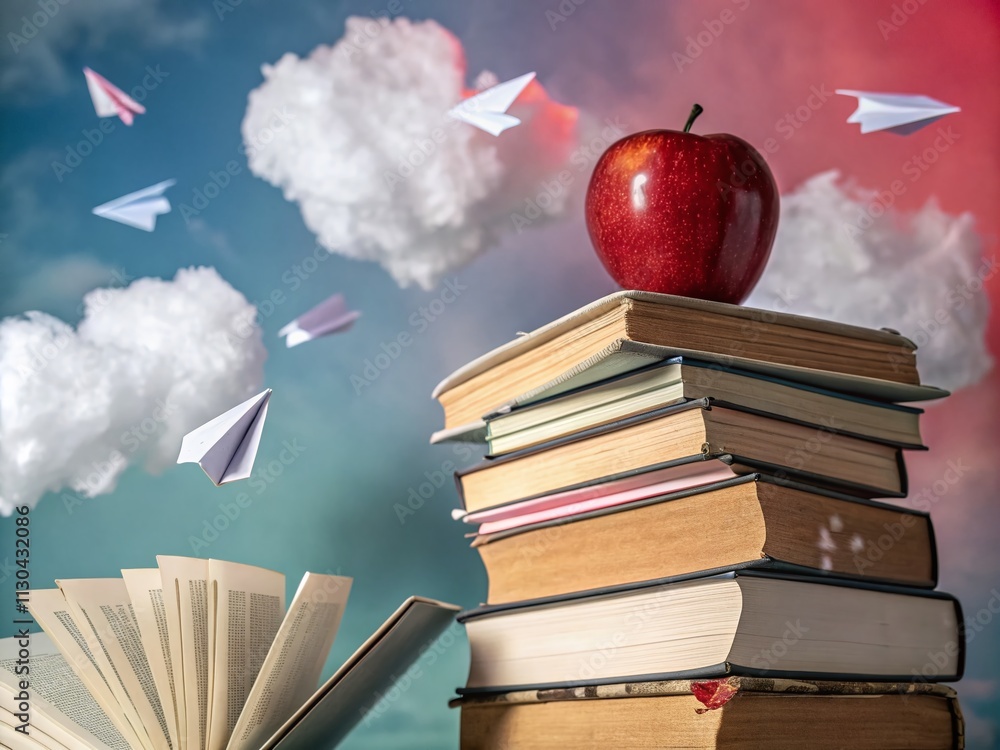 Poster surreal composition of an apple balanced on a pile of books symbolizing education and knowledge for 