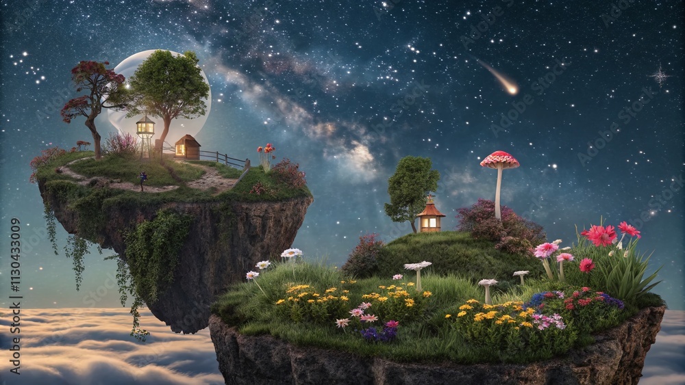 Poster surreal dreamscape of floating islands and whimsical creatures in a cosmic sky, blending reality and