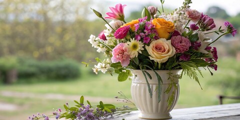 Watercolor arrangement of fresh flowers in a vase, vase arrangement, natural textures, colorful blooms, garden flowers