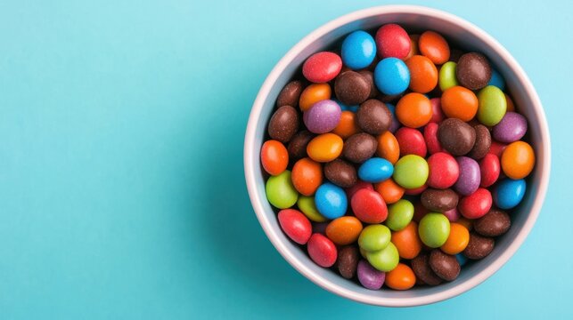 A bowl filled with a variety of bright and colorful candies sits against a soothing pastel backdrop, inviting enjoyment and delight