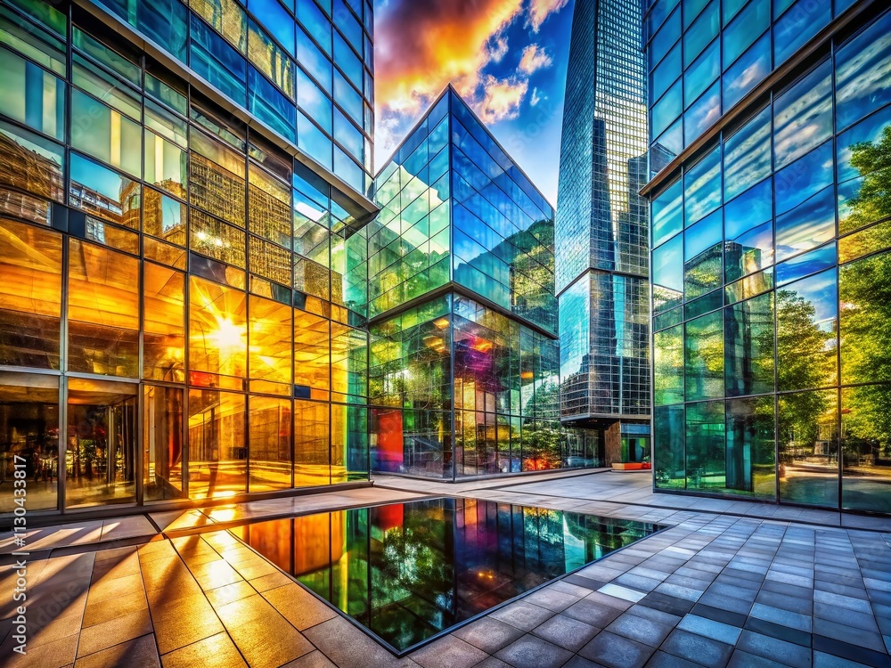 Poster surreal glass building with outdoor reflection and unique architectural elements in an urban setting