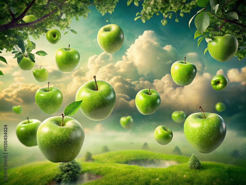 Poster surreal green apples background with dreamlike elements creating an enchanting atmosphere of nature'