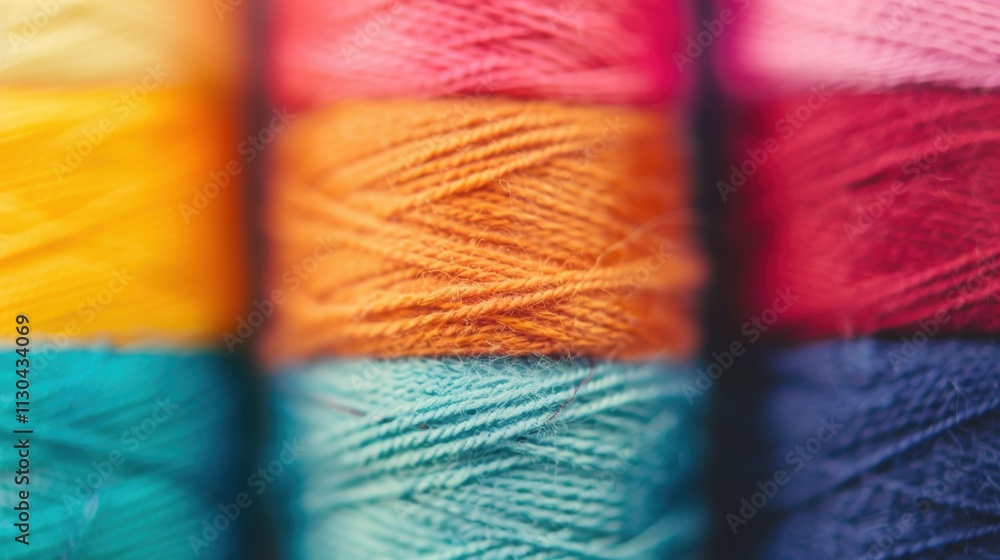 Poster a close up view shows colorful thread spools arranged in a row, highlighting various vibrant hues pe