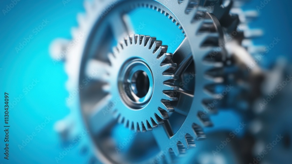 Poster detailed view of interlocking metal gears revealing their complexity and functionality in a mechanic
