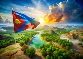 Surreal Interpretation of the Eritrean Flag with Dreamlike Landscapes and Symbols of National Identity Infused in a Vibrant Color Palette and Abstract Elements