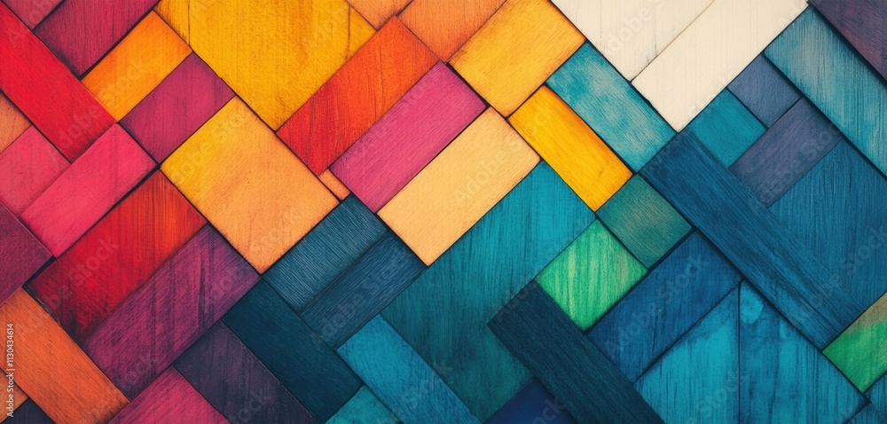 Poster this artwork features a vivid geometric pattern made from wood tiles in various bright colors, creat