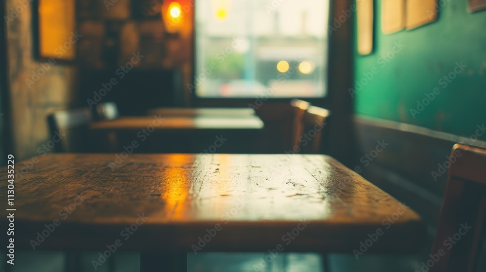 Poster warm light casts soft shadows over a wooden table in a quiet cafe, creating an inviting atmosphere p