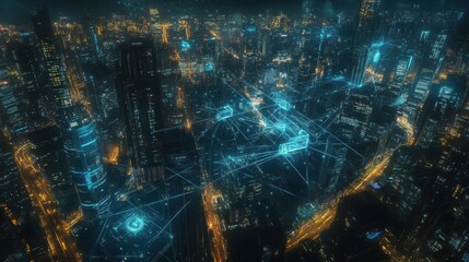 Obraz premium Futuristic Cityscape at Night with Digital Network Connections