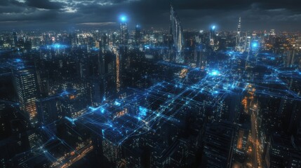 Fototapeta premium Futuristic Cityscape with Digital Connections and Blue Lights