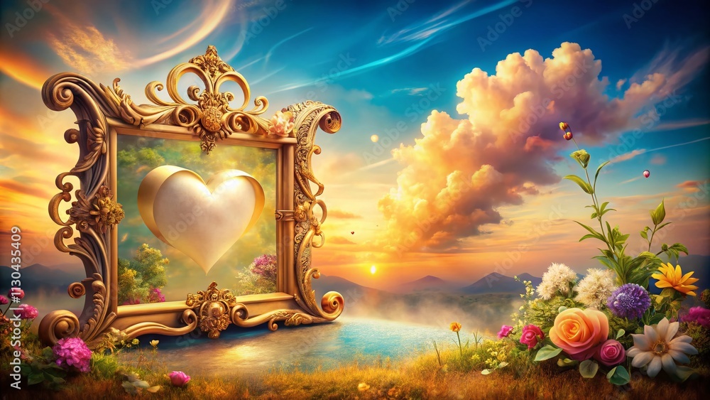 Aufkleber surreal photography of a gold frame scroll with a heart, emphasizing dreamlike elements and romantic