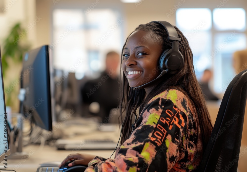 Poster smiling woman with headset working at computer in call center
