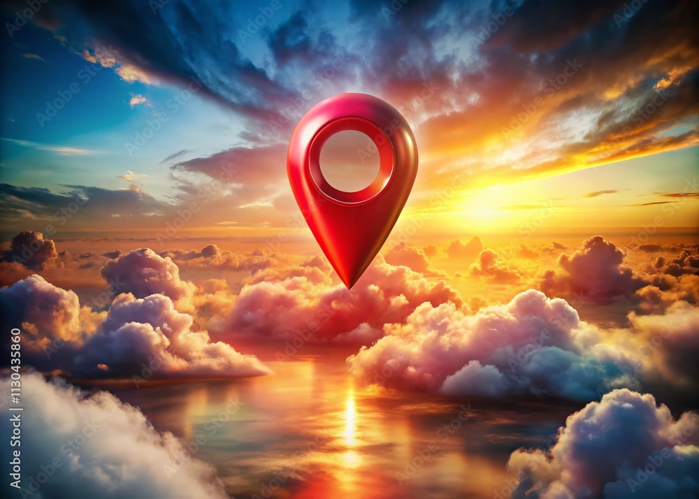 Poster surreal representation of a red map pointer as a floating element above a dreamlike landscape with a