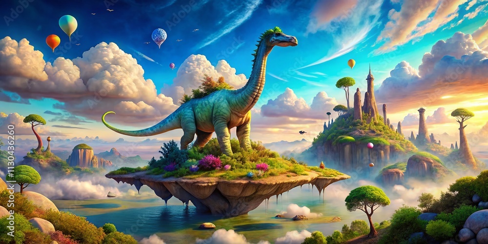 Aufkleber surreal scene of a colorful diplodocus in a dreamlike landscape with floating islands and whimsical 
