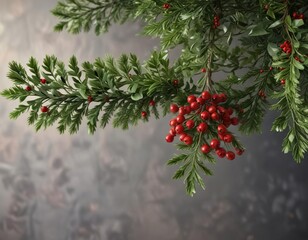 Obraz premium Fir Christmas tree branches with mistletoe and holly berries , branch, holiday, mistletoe